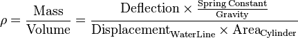 \rho = \frac{\text{Mass}}{\text{Volume}}
 = \frac{\text{Deflection} \times \frac{\text{Spring Constant}}{\text{Gravity}}}{\text{Displacement}_\mathrm{Water Line} \times \text{Area}_\mathrm{Cylinder}}\,
