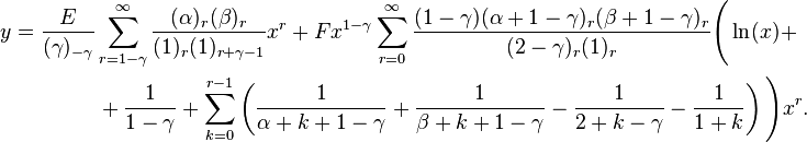 \begin{align}
 y &= \frac{E}{(\gamma)_{-\gamma}} \sum_{r = 1 - \gamma}^\infty \frac{(\alpha)_r (\beta)_r}{(1)_r (1)_{r + \gamma - 1}} x^r + F x^{1 - \gamma} \sum_{r = 0}^\infty \frac{(1 - \gamma) (\alpha + 1 - \gamma)_r (\beta + 1 - \gamma)_r}{(2 - \gamma)_r (1)_r}\Biggl(\ln(x) + \\
&\qquad \qquad + \frac{1}{1 - \gamma} + \sum_{k = 0}^{r - 1} \left(\frac{1}{\alpha + k + 1 - \gamma} + \frac{1}{\beta + k + 1 - \gamma}- \frac{1}{2 + k - \gamma} - \frac{1}{1 + k} \right) \Biggr) x^r.
\end{align}