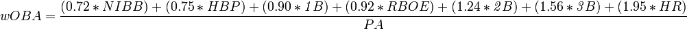 wOBA=\frac{(0.72*NIBB) + (0.75*HBP) + (0.90*\mathit{1}B) + (0.92*RBOE) + (1.24*\mathit{2}B) + (1.56*\mathit{3}B) + (1.95*HR)}{PA}