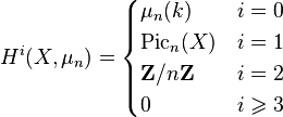 H^i (X, \mu_n) = \begin{cases} \mu_n(k) & i =0 \\ \mathrm{Pic}_n(X) & i = 1 \\ \mathbf{Z}/n\mathbf{Z} & i =2 \\ 0 & i \geqslant 3 \end{cases}