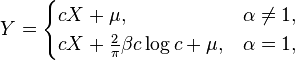 Y=\begin{cases}

c X+\mu, & \alpha \ne 1, \\

c X+\frac{2}{\pi}\beta c\log c + \mu, & \alpha=1,

\end{cases}