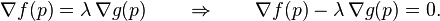 \nabla f(p)=\lambda \, \nabla g( p) \qquad \Rightarrow \qquad \nabla f(p)-\lambda \, \nabla g(p)=0.