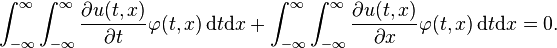 \int_{-\infty}^\infty \int_{-\infty}^\infty  \frac{\partial u(t, x)}{\partial t}  \varphi (t, x) \, \mathrm{d} t \mathrm{d} x +\int_{-\infty}^\infty \int_{-\infty}^\infty  \frac{\partial u(t, x)}{\partial x} \varphi(t,x) \, \mathrm{d}t \mathrm{d} x =0. 