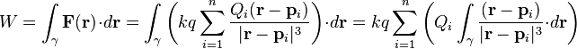 W =\int_{\gamma} \mathbf{F}(\mathbf{r}) \cdot d\mathbf{r} =  \int_{\gamma} \bigg( kq\sum_{i=1}^n \frac{Q_i(\mathbf{r}-\mathbf{p}_i)}{|\mathbf{r}-\mathbf{p}_i|^3} \bigg) \cdot d\mathbf{r} = kq \sum_{i=1}^n \bigg( Q_i \int_{\gamma} \frac{(\mathbf{r}-\mathbf{p}_i)}{|\mathbf{r}-\mathbf{p}_i|^3} \cdot d\mathbf{r} \bigg) 