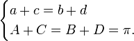 
\begin{cases}
a+c=b+d\\
A+C=B+D=\pi.
\end{cases}
