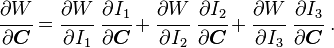 
   \cfrac{\partial W}{\partial \boldsymbol{C}} = 
     \cfrac{\partial W}{\partial I_1}~\cfrac{\partial I_1}{\partial \boldsymbol{C}} +
     \cfrac{\partial W}{\partial I_2}~\cfrac{\partial I_2}{\partial \boldsymbol{C}} +
     \cfrac{\partial W}{\partial I_3}~\cfrac{\partial I_3}{\partial \boldsymbol{C}} ~.
 