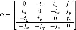  \Phi = \left[ \begin{array}{ccc|c} 0 & -t_z & t_y & f_x \\ t_z & 0 & -t_x & f_y \\ -t_y & t_x & 0 & f_z \\
\hline
-f_x & -f_y & -f_z & 0 \end{array}\right]