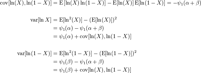 \begin{align}
\operatorname{cov}[\ln(X), \ln(1-X)] &= \operatorname{E}\left[\ln(X)\ln(1-X)\right] - \operatorname{E}[\ln(X)]\operatorname{E}[\ln(1-X)] = -\psi_1(\alpha+\beta) \\
& \\
\operatorname{var}[\ln X] &= \operatorname{E}[\ln^2(X)] - (\operatorname{E}[\ln(X)])^2 \\
&= \psi_1(\alpha) - \psi_1(\alpha + \beta) \\
&= \psi_1(\alpha) + \operatorname{cov}[\ln(X), \ln(1-X)] \\
& \\
\operatorname{var}[\ln (1-X)] &= \operatorname{E}[\ln^2 (1-X)] - (\operatorname{E}[\ln (1-X)])^2 \\
&= \psi_1(\beta) - \psi_1(\alpha + \beta) \\
&= \psi_1(\beta) + \operatorname{cov}[\ln (X), \ln(1-X)] 
\end{align}