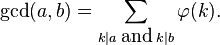  \gcd(a,b) = \sum_{k|a \; \hbox{and} \; k|b} \varphi(k). 