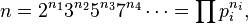 
n=2^{n_1}3^{n_2}5^{n_3}7^{n_4}\cdots=\prod p_i^{n_i},
