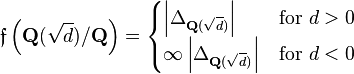 \mathfrak{f}\left(\mathbf{Q}(\sqrt{d})/\mathbf{Q}\right) = \begin{cases}
\left|\Delta_{\mathbf{Q}(\sqrt{d})}\right| & \text{for }d>0 \\
\infty\left|\Delta_{\mathbf{Q}(\sqrt{d})}\right| & \text{for }d<0
\end{cases}