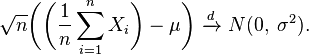 \sqrt{n}\bigg(\bigg(\frac{1}{n}\sum_{i=1}^n X_i\bigg) - \mu\bigg)\ \xrightarrow{d}\ N(0,\;\sigma^2).