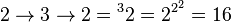 2\rightarrow3\rightarrow2 = {}^32 = 2^{2^2} = 16