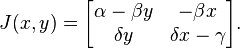 J(x,y) = \begin{bmatrix} 
\alpha - \beta y & -\beta x \\
\delta y & \delta x - \gamma
\end{bmatrix}.