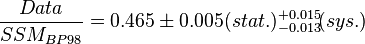 {Data \over SSM_{BP98}} = 0.465 \pm 0.005(stat.) {}_{-0.013}^{+0.015}\!(sys.)