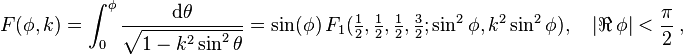 
F(\phi,k) = \int_0^\phi \frac{\mathrm{d} \theta} 
{\sqrt{1 - k^2 \sin^2 \theta}} = \sin (\phi) \,F_1(\tfrac 1 2, \tfrac 1 2, \tfrac 1 2, \tfrac 3 2; \sin^2 \phi, k^2 \sin^2 \phi), \quad |\real \,\phi| < \frac \pi 2 ~,
