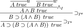 
 \cfrac{\cfrac{\cfrac{{}}{A \ true} u \quad \cfrac{{}}{B \ true} w}{A \wedge B \ true}\wedge_I}{
 \cfrac{B \supset \left ( A \wedge B \right ) \ true}{
 A \supset \left ( B \supset \left ( A \wedge B \right ) \right ) \ true
 } \supset_{I^u}
 } \supset_{I^w}
 