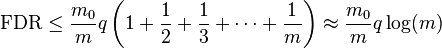 \mathrm{FDR} \le \frac{m_0}{m} q\left( 1 + \frac{1}{2} + \frac{1}{3} + \cdots + \frac{1}{m} \right) \approx \frac{m_0}{m}q\log (m)