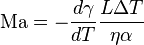 \mathrm{Ma} = - {\frac{d\gamma}{dT}}\frac{L \Delta T}{\eta \alpha} 