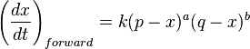 \left(\frac{dx}{dt}\right)_{forward}=k(p-x)^a(q-x)^b