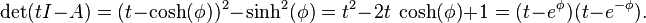 \det (tI - A) = (t - \cosh(\phi))^2 - \sinh^2(\phi) = t^2 - 2 t \ \cosh(\phi) + 1 = (t - e^\phi) (t - e^{-\phi}).