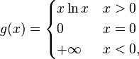 g(x)=\begin{cases}
x\ln x & x>0 \\ 
0 & x=0 \\ 
+\infty & x<0, 
\end{cases} 
\,