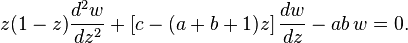 z(1-z)\frac {d^2w}{dz^2} + \left[c-(a+b+1)z \right] \frac {dw}{dz} - ab\,w = 0.