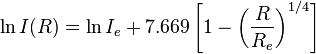 
\ln I(R) = \ln I_{e} + 7.669 \left[ 1 - \left( \frac{R}{R_{e}} \right)^{1/4} \right]
