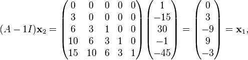 (A - 1 I) \bold x_2
 = \begin{pmatrix} 
0 & 0 & 0 & 0 & 0 \\
3 & 0 & 0 & 0 & 0 \\
6 & 3 & 1 & 0 & 0 \\
10 & 6 & 3 & 1 & 0 \\
15 & 10 & 6 & 3 & 1
\end{pmatrix} \begin{pmatrix}
1 \\ -15 \\ 30 \\ -1 \\ -45
\end{pmatrix} = \begin{pmatrix}
0 \\ 3 \\ -9 \\ 9 \\ -3
\end{pmatrix} = \bold x_1 ,