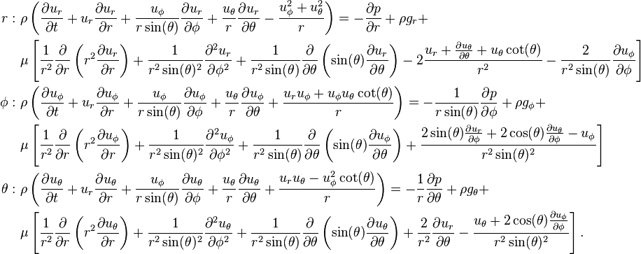 \begin{align}
  r:\  &\rho \left(\frac{\partial u_r}{\partial t} + u_r \frac{\partial u_r}{\partial r} + \frac{u_{\phi}}{r \sin(\theta)} \frac{\partial u_r}{\partial \phi} +
                   \frac{u_{\theta}}{r} \frac{\partial u_r}{\partial \theta} - \frac{u_{\phi}^2 + u_{\theta}^2}{r}\right) =
           -\frac{\partial p}{\partial r} + \rho g_r + \\
       &\mu \left[\frac{1}{r^2} \frac{\partial}{\partial r}\left(r^2 \frac{\partial u_r}{\partial r}\right) +
                  \frac{1}{r^2 \sin(\theta)^2} \frac{\partial^2 u_r}{\partial \phi^2} +
                  \frac{1}{r^2 \sin(\theta)} \frac{\partial}{\partial \theta}\left(\sin(\theta) \frac{\partial u_r}{\partial \theta}\right) - 2\frac{u_r +
                  \frac{\partial u_{\theta}}{\partial \theta} + u_{\theta} \cot(\theta)}{r^2} - \frac{2}{r^2 \sin(\theta)} \frac{\partial u_{\phi}}{\partial \phi}
            \right] \\

  \phi:\  &\rho \left(\frac{\partial u_{\phi}}{\partial t} + u_r \frac{\partial u_{\phi}}{\partial r} +
                      \frac{u_{\phi}}{r \sin(\theta)} \frac{\partial u_{\phi}}{\partial \phi} + \frac{u_{\theta}}{r} \frac{\partial u_{\phi}}{\partial \theta} +
                      \frac{u_r u_{\phi} + u_{\phi} u_{\theta} \cot(\theta)}{r}\right) =
               -\frac{1}{r \sin(\theta)} \frac{\partial p}{\partial \phi} + \rho g_{\phi} + \\
          &\mu \left[\frac{1}{r^2} \frac{\partial}{\partial r}\left(r^2 \frac{\partial u_{\phi}}{\partial r}\right) +
                     \frac{1}{r^2 \sin(\theta)^2} \frac{\partial^2 u_{\phi}}{\partial \phi^2} +
                     \frac{1}{r^2 \sin(\theta)} \frac{\partial}{\partial \theta}\left(\sin(\theta) \frac{\partial u_{\phi}}{\partial \theta}\right) +
                     \frac{2 \sin(\theta) \frac{\partial u_r}{\partial \phi} + 2 \cos(\theta) \frac{\partial u_{\theta}}{\partial \phi} -
                     u_{\phi}}{r^2 \sin(\theta)^2}
               \right] \\

  \theta:\  &\rho \left(\frac{\partial u_{\theta}}{\partial t} + u_r \frac{\partial u_{\theta}}{\partial r} +
                        \frac{u_{\phi}}{r \sin(\theta)} \frac{\partial u_{\theta}}{\partial \phi} +
                        \frac{u_{\theta}}{r} \frac{\partial u_{\theta}}{\partial \theta} + \frac{u_r u_{\theta} - u_{\phi}^2 \cot(\theta)}{r}\right) =
                 -\frac{1}{r} \frac{\partial p}{\partial \theta} + \rho g_{\theta} + \\
            &\mu \left[\frac{1}{r^2} \frac{\partial}{\partial r}\left(r^2 \frac{\partial u_{\theta}}{\partial r}\right) +
                       \frac{1}{r^2 \sin(\theta)^2} \frac{\partial^2 u_{\theta}}{\partial \phi^2} +
                       \frac{1}{r^2 \sin(\theta)} \frac{\partial}{\partial \theta}\left(\sin(\theta) \frac{\partial u_{\theta}}{\partial \theta}\right) +
                       \frac{2}{r^2} \frac{\partial u_r}{\partial \theta} - \frac{u_{\theta} +
                       2 \cos(\theta) \frac{\partial u_{\phi}}{\partial \phi}}{r^2 \sin(\theta)^2}
                 \right].
\end{align}