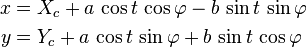 \begin{align}
  x &= X_c + a\,\cos t\,\cos \varphi - b\,\sin t\,\sin\varphi \\
  y &= Y_c + a\,\cos t\,\sin \varphi + b\,\sin t\,\cos\varphi
\end{align}