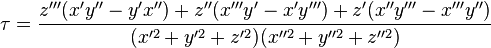 \tau=\frac{z'''(x'y''-y'x'')+z''(x'''y'-x'y''')+z'(x''y'''-x'''y'')}{(x'^2+y'^2+z'^2)(x''^2+y''^2+z''^2)}