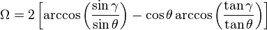  \Omega = 2 \left[ \arccos \left(\frac{\sin\gamma}{\sin\theta}\right) - \cos\theta \arccos\left(\frac{\tan\gamma}{\tan\theta}\right) \right]\ 