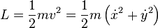  L = \frac{1}{2} mv^2= \frac{1}{2}m \left( \dot{x}^2 + \dot{y}^2 \right)