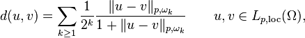 d(u,v)=\sum_{k\geq 1}\frac{1}{2^k}\frac{\Vert u - v\Vert_{p,\omega_k}}{1+\Vert u - v\Vert_{p,\omega_k}}\qquad u, v\in L_{p,\mathrm{loc}}(\Omega),