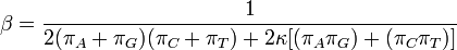 \beta  = \frac{1}{2(\pi_A + \pi_G)(\pi_C + \pi_T) + 2\kappa[(\pi_A\pi_G) + (\pi_C\pi_T)]} 