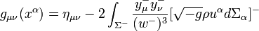 g_{\mu\nu}(x^\alpha)=\eta_{\mu\nu}-2\int_{\Sigma^-}{y_\mu^- y_\nu^-\over(w^-)^3} [\sqrt{-g}\rho u^\alpha d\Sigma_\alpha]^-