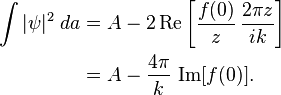 \begin{align}
    \int |\psi|^2\;da &= A - 2\operatorname{Re}\left[\frac{f(0)}{z}\,\frac{2\pi z}{i k}\right] \\
                      &= A - \frac{4\pi}{k}\,\operatorname{Im}[f(0)].\end{align}