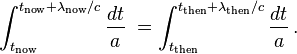 
\int_{t_\mathrm{now}}^{t_\mathrm{now}+\lambda_\mathrm{now}/c} \frac{dt}{a}\; =
\int_{t_\mathrm{then}}^{t_\mathrm{then}+\lambda_\mathrm{then}/c} \frac{dt}{a}\,.
