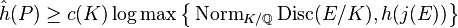  \hat h(P) \ge c(K) \log\max\bigl\{\operatorname{Norm}_{K/\mathbb{Q}}\operatorname{Disc}(E/K),h(j(E))\bigr\}\quad