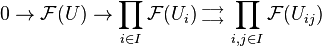 0 \to \mathcal F(U) \to \prod_{i \in I} \mathcal F(U_i) {{{} \atop \longrightarrow}\atop{\longrightarrow \atop {}}}  \prod_{i,j \in I} \mathcal F(U_{ij})