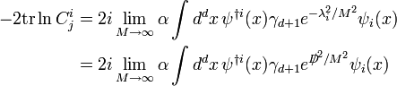 \begin{align}-2{\rm tr}\ln C^i_j &= 2i\lim\limits_{M\to\infty}\alpha\int d^dx \,\psi^{\dagger i}(x)\gamma_{d+1} e^{-\lambda_i^2/M^2}\psi_i(x)\\
&= 2i\lim\limits_{M\to\infty}\alpha\int d^dx\, \psi^{\dagger i}(x)\gamma_{d+1} e^{{D\!\!\!\!/}^2/M^2}\psi_i(x)\end{align}