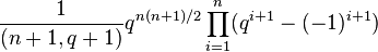 {1\over (n+1,q+1)}q^{n(n+1)/2}\prod_{i=1}^n(q^{i+1}-(-1)^{i+1})