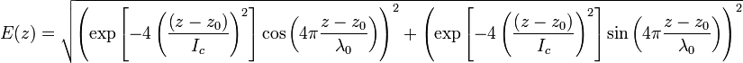 E(z)= \sqrt{ \left( \exp \left[-4 \left( \frac{\left(z-z_0 \right)}{I_c} \right)^2 \right] \cos \left(4 \pi \frac{z-z_0}{ \lambda_0} \right) \right)^2+ \left( \exp \left[-4 \left( \frac{\left(z-z_0 \right)}{I_c} \right)^2 \right]  \sin \left(4 \pi \frac{z-z_0}{ \lambda_0} \right) \right)^2}