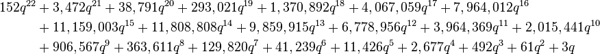 \begin{align}
152 q^{22} &+ 3,472 q^{21} + 38,791 q^{20} + 293,021 q^{19} + 1,370,892 q^{18} + 4,067,059 q^{17} + 7,964,012 q^{16}\\
&+ 11,159,003 q^{15} + 11,808,808 q^{14} + 9,859,915 q^{13} + 6,778,956 q^{12} + 3,964,369 q^{11} + 2,015,441 q^{10}\\
&+ 906,567 q^9 + 363,611 q^8 + 129,820 q^7 + 41,239 q^6 + 11,426 q^5 + 2,677 q^4 + 492 q^3 + 61 q^2 + 3 q
\end{align}