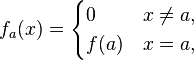 f_a(x)=
\begin{cases}
0 & x\neq a, \\
f(a) & x=a, \\
\end{cases}
