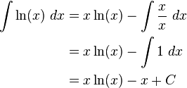 
\begin{align}
\int \ln(x)\ dx & = x\ln(x) - \int\frac{x}{x}\ dx \\
& = x\ln(x) - \int 1\ dx \\
& = x\ln(x) - x + C
\end{align}
