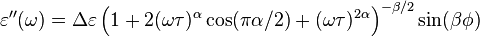 
\varepsilon''(\omega) = \Delta\varepsilon\left( 1 + 2 (\omega\tau)^\alpha \cos (\pi\alpha/2) + (\omega\tau)^{2\alpha} \right)^{-\beta/2} \sin (\beta\phi)
