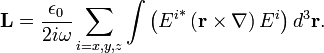 \mathbf{L}=\frac{\epsilon_0}{2i\omega}\sum_{i=x,y,z}\int \left({E^i}^{\ast}\left(\mathbf{r}\times\mathbf{\nabla}\right)E^{i}\right)d^{3}\mathbf{r}  .