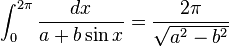 \int_0^{2\pi} \frac{dx}{a+b\sin x}=\frac{2\pi}{\sqrt{a^2-b^2}}